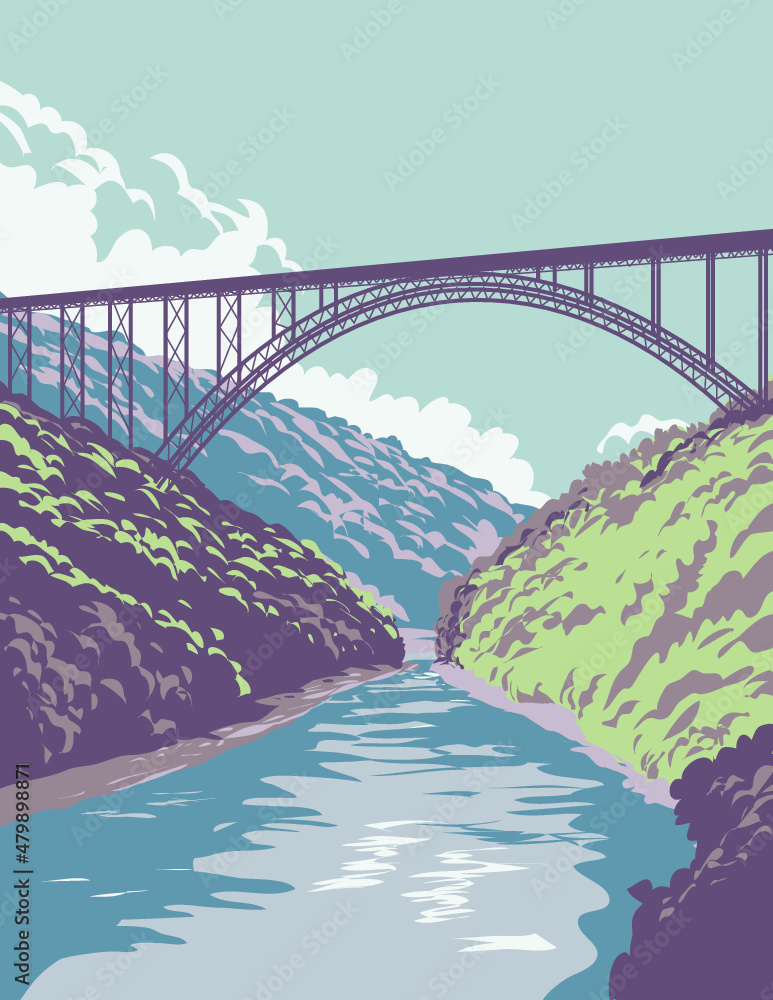 Fototapeta premium WPA poster art of New River Gorge National Park and Preserve in the Appalachian Mountains in southern West Virginia United States in works project administration style or federal art project style.