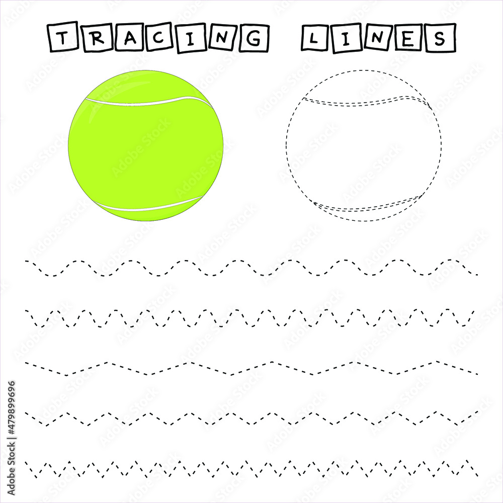 Tracing lines game with tennis balls. Worksheet for preschool kids