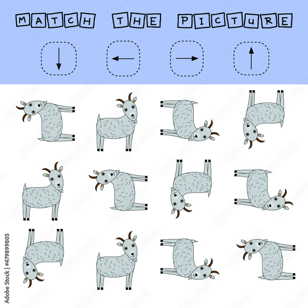 Match the pictures of pets goats and directions up, down, left and ...
