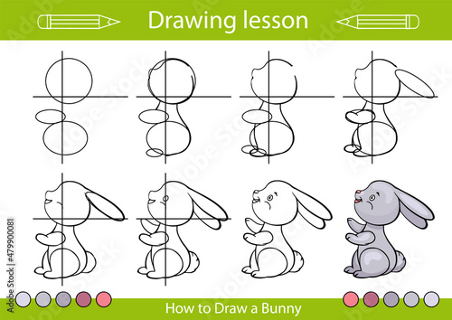 Drawing lesson a cute bunny. Worksheet how to draw for children tutorial step by step. Kids drawing activity page. Children vector illustration.