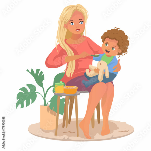 Mom to feed the baby. Feeding kids baby food. Mother nursing spoon child. Family cartoon characters vector illustrations.