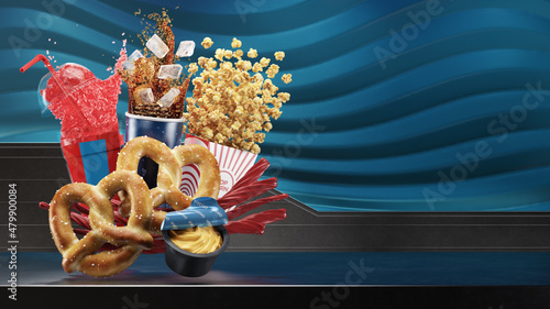 Fotografie A Concession Combo of Soda, a Slushy, Popcorn, Soft Pretzels, Nacho Cheese, and