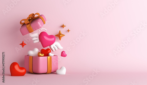 Tela Happy Valentines day background with opened gift box, heart shape wing, copy spa