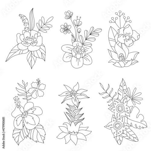 Set with different exotic contour flowers and leaves. Collection with botanical monochrome elements for your design.