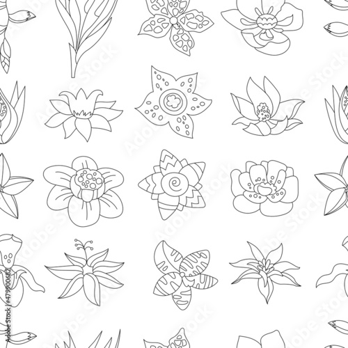 Seamless floral contour pattern with tropic and exotic flowers. Endless monochrome botanical texture for your design.
