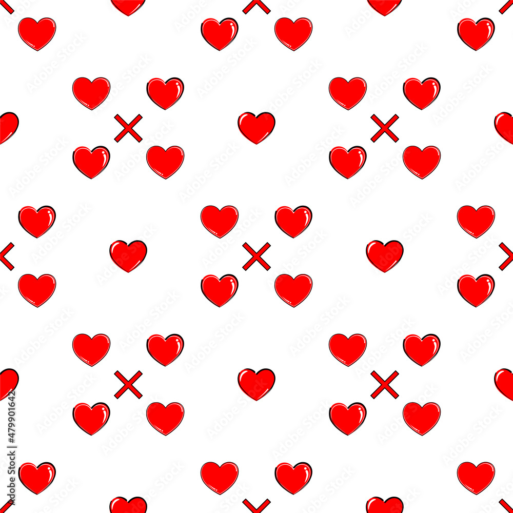 Vector - Abstract seamless pattern of red hearts and cross on white background. Valentines, wedding. 