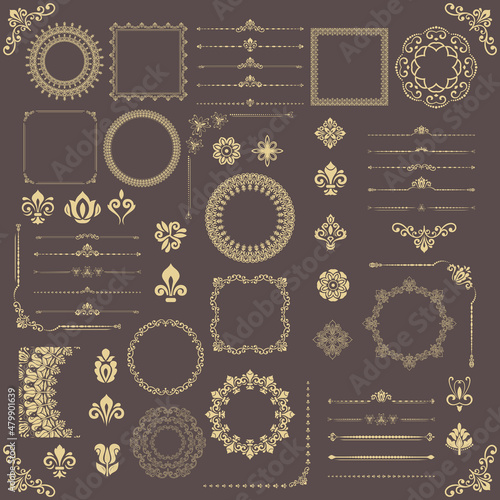 Vintage set of vector horizontal, square and round elements. Golden elements for backgrounds, frames and monograms. Classic patterns. Set of vintage patterns photo