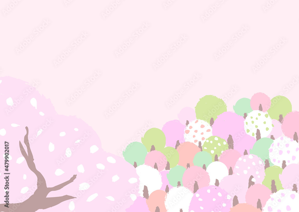 桜咲く山の風景　ほっこり、はんなりとしたやさしい色使いの背景イラスト