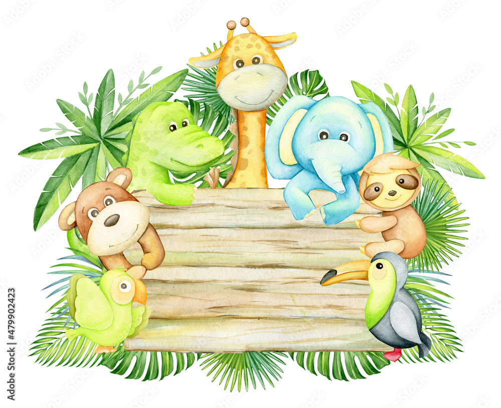 Fototapeta premium elephant, giraffe, monkey, crocodile, toucan, parrot, tropical leaves, wooden background. watercolor concert, in cartoon style, on an isolated background.