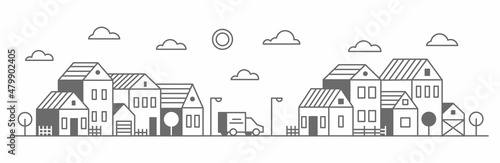 Suburban neighborhood landscape. Silhouette of houses on the skyline. Countryside cottage homes near the road. Outline vector illustration.
