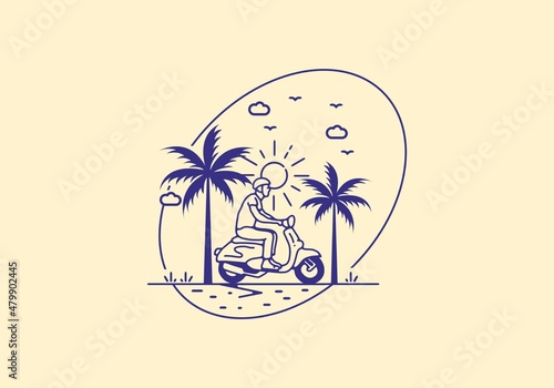 Riding scooter line art illustration