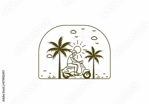 Riding scooter line art illustration