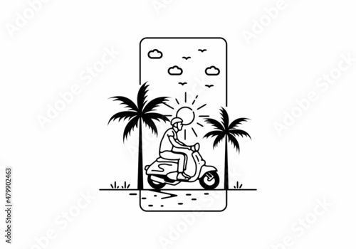 Riding scooter line art illustration