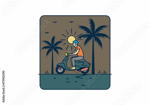 Riding scooter line art illustration