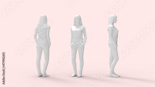 3D rendering of a young casual female posing isolated on empty studio background. SIlhouette and multiple views.