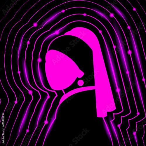 Abstract neon digital art as Girl with a Pearl Earring outline silhouette.