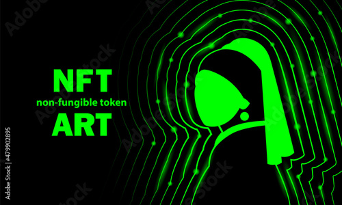 NFT art banner Girl with a Pearl Earring. Abstract neon digital art with Girl and Pearl Earring outline silhouette.