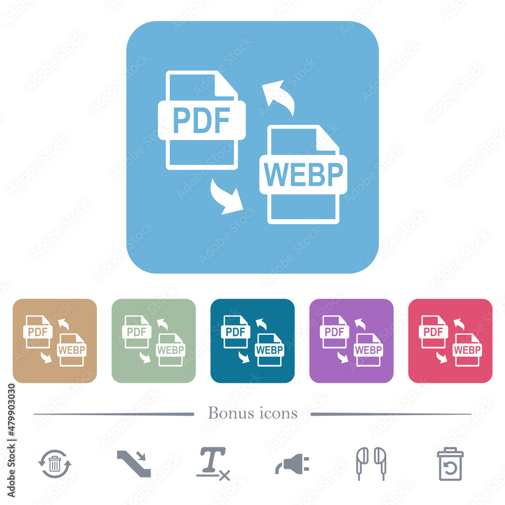 PDF WEBP file conversion flat icons on color rounded square backgrounds PDF WEBP file conversion flat icons on color rounded square backgrounds