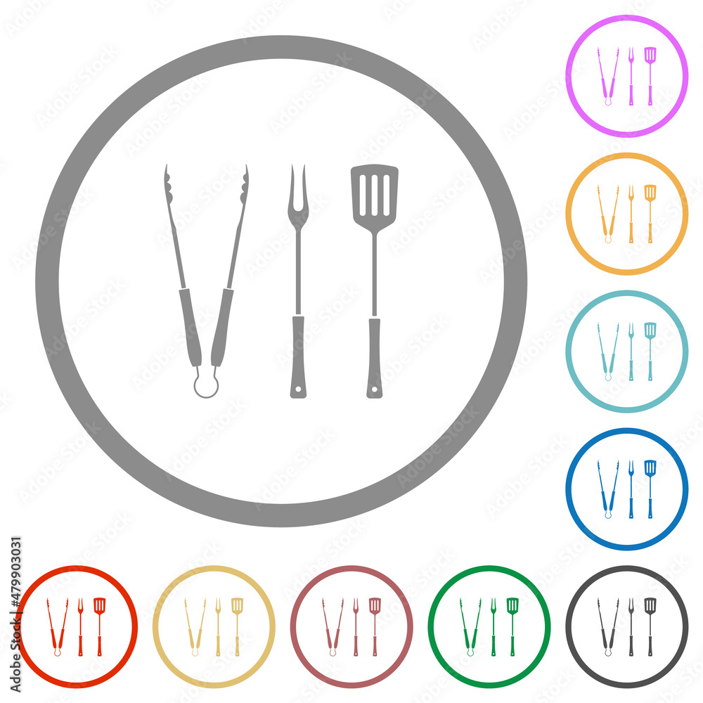 Barbecue tongs and fork and spatula solid flat icons with outlines Barbecue tongs and fork and spatula solid flat icons with outlines