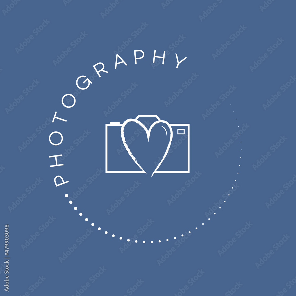 Obraz premium White photography stamp logo on a blue coloured background. Wedding photographer logo. With love camera icon. Romantic logo design. Hand drawn stamp icon.