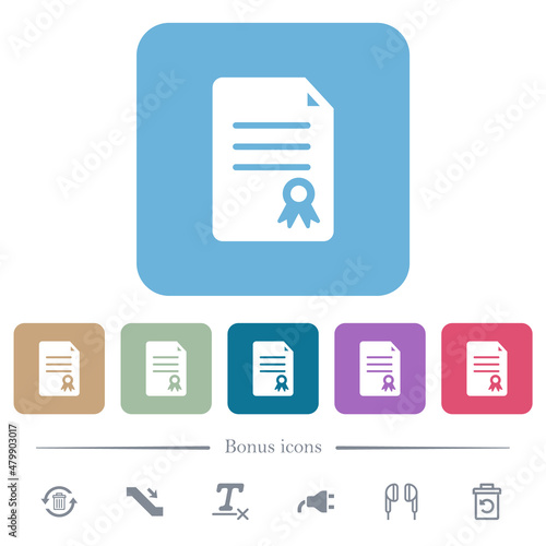 Certificate document solid flat icons on color rounded square backgrounds