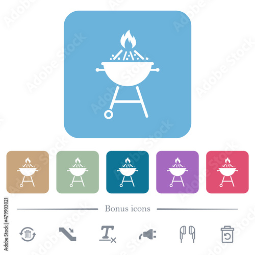 Burning barbecue grill flat icons on color rounded square backgrounds