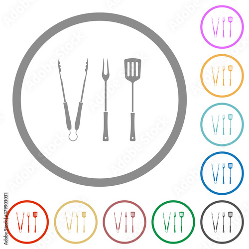 Barbecue tongs and fork and spatula solid flat icons with outlines