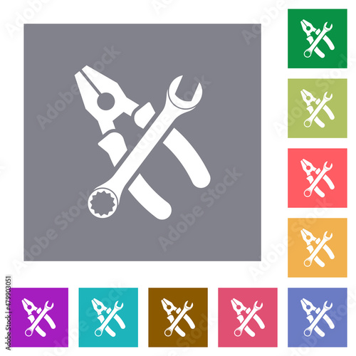 Combined pliers and wrench in crossed position square flat icons
