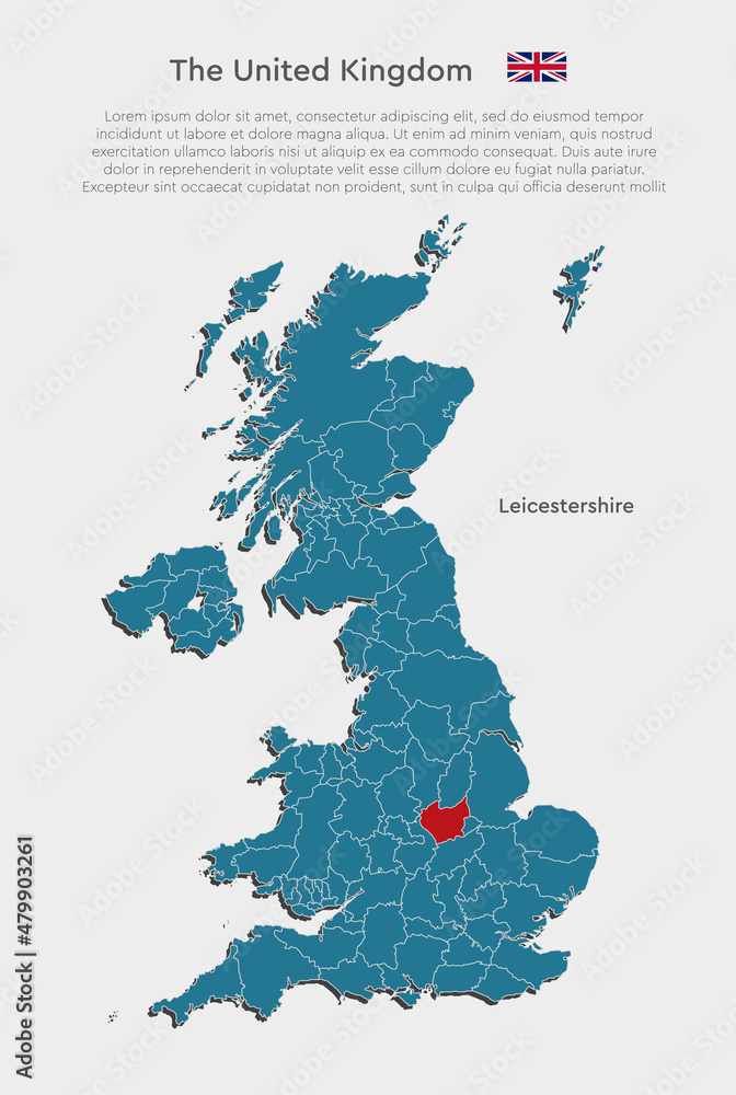 Obraz premium Blue map United Kingdom and county Leicestershire