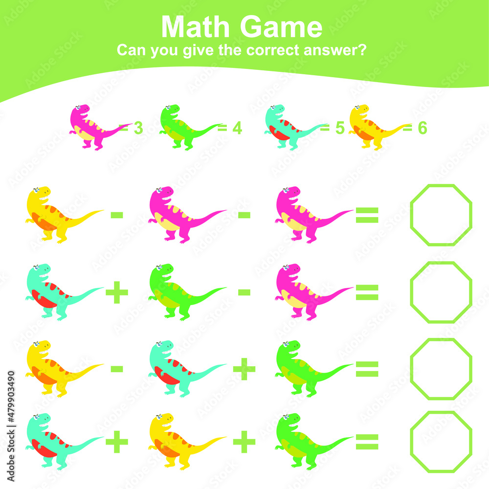 Dinosaurs theme Math Game for Preschool. Dinosaurs math worksheet. Educational printable math worksheet. Additional and subtraction math for kids. Vector file. Dinosaurs theme Math Game for Preschool. Dinosaurs math worksheet. Educational printable math worksheet. Additional and subtraction math for kids. Vector file.