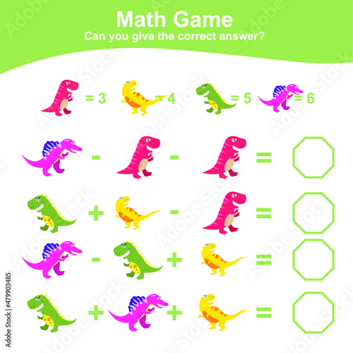 Dinosaurs theme Math Game for Preschool. Dinosaurs math worksheet. Educational printable math worksheet. Additional and subtraction math for kids. Vector file.