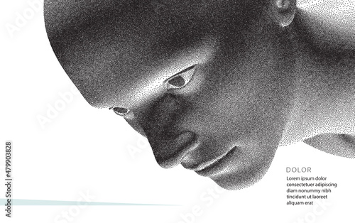 Man's face looking down. Abstract digital human head. Minimalistic design for business presentations, flyers or posters. Pixel art. 3d vector illustration.
