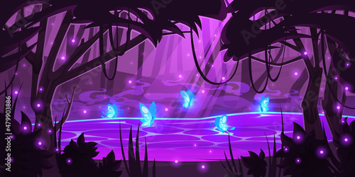 Night magic forest with glowing fireflies and butterflies over mystic purple pond under trees. Nature wood landscape with moonlight fall on water surface, scenery midnight, Cartoon vector illustration