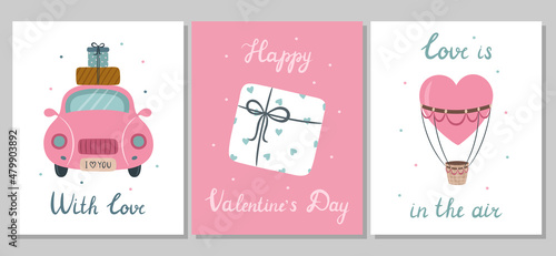 A set of Valentine's Day cards. Cute pink car with gifts, gift box, balloon heart. Vector love illustration
