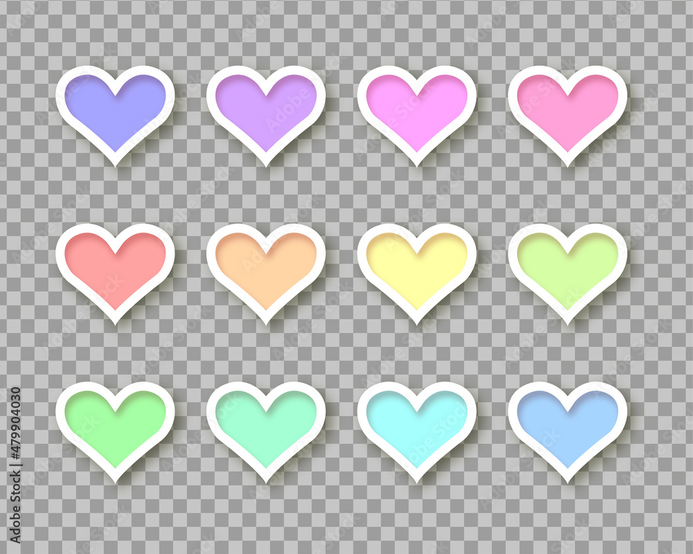 Colorful heart shapes buttons collection. 3d love symbol set isolated on transparent background