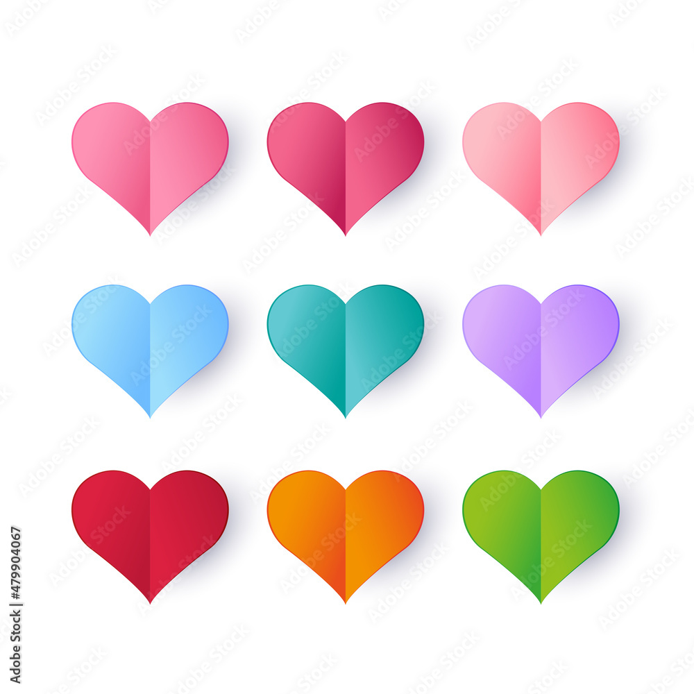 Paper cut love symbol set. Colorful heart for Valentine's day decoration