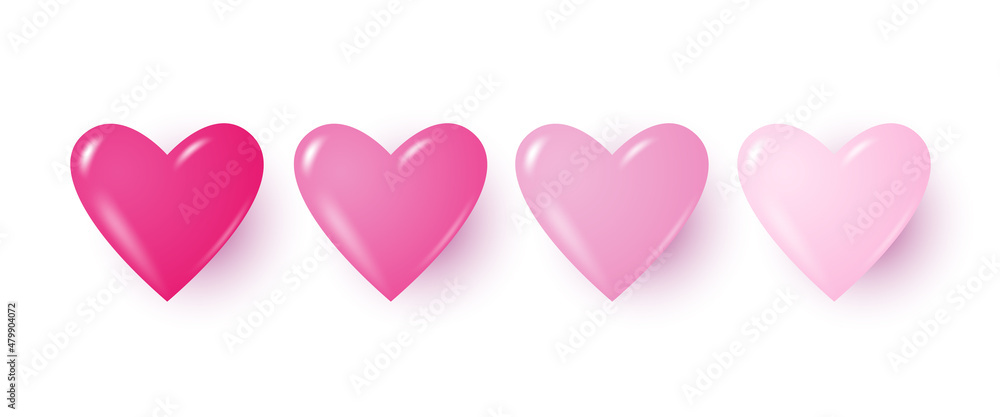 Realistic pink hearts set. Heart shape with highlights and shadows
