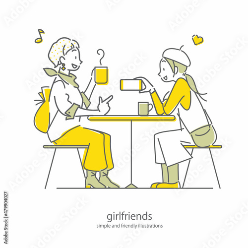 カフェでスマホを見る女性ふたり　シンプルでお洒落な線画イラスト © fumi