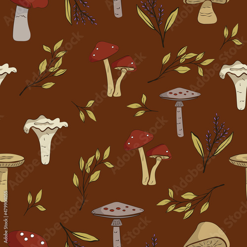 Seamless mushroom and twig pattern on brown background