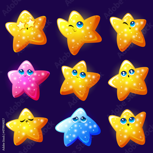 Cute star emoji, gold shiny emoticons isolated on blue background. Vector cartoon set of funny star character with happy smile, sad, excited, sleepy and confused
