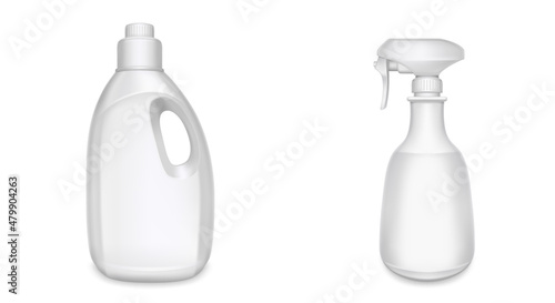 Plastic bottles for household chemicals, detergent, soap and cleaners. Vector realistic mockup of 3d blank containers with cleanser and spray isolated on white background
