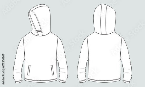 Long sleeve hoodie with Zipper technical fashion Drawing sketch template front and back view. apparel dress design vector illustration mock up jacket CAD. Easy edit and customizable.
