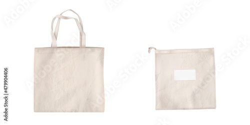 Cotton eco bags, fabric tote with handle for shopping. Vector realistic mockup of blank canvas packets for fruits and vegetables, textile reusable ecobags isolated on white background