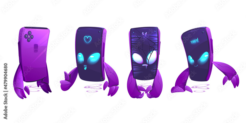 Cute smartphone character front and back view. Vector set of cartoon mascot, funny mobile phone show thumb up, broken with cracks on screen and gadget with full battery indicator Cute smartphone character front and back view. Vector set of cartoon mascot, funny mobile phone show thumb up, broken with cracks on screen and gadget with full battery indicator