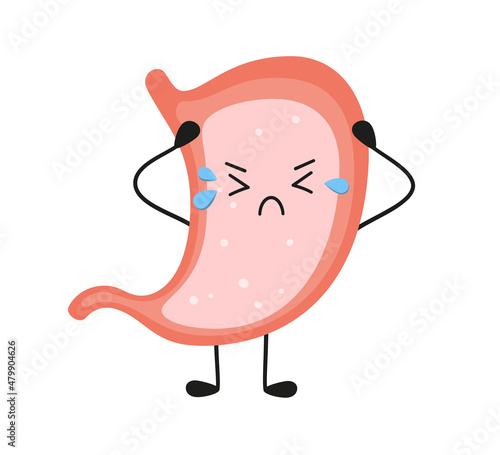 Human kawaii sad stomach character. Gastritis, indigestion and stomach pain problems. Crying sick character. Vector flat cartoon illustration on white background.