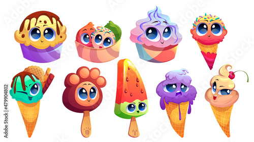 Set of cute ice cream characters, funny summer food sundae, gelato, popsicle, fruit ice, waffle cone. Happy, friendly sweet kawaii smiling delicacy with different tastes for kids, Vector illustration