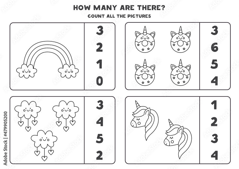 Counting game with cute black and white elements. Educational worksheet.