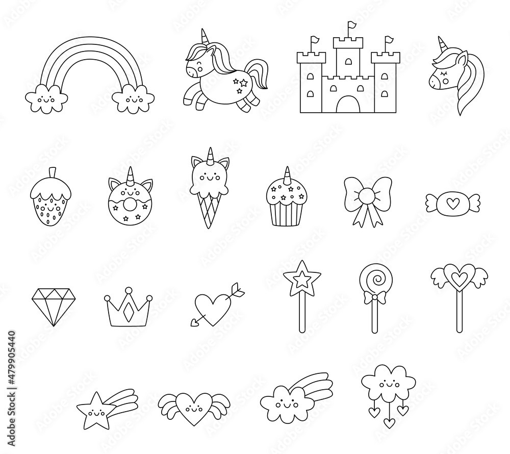 Collection of black and white unicorn elements vector pictures on white background.