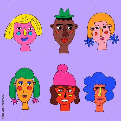 A set of bizarre portraits of people of different genders and different nationalities in bright colors. Vector abstract illustration.