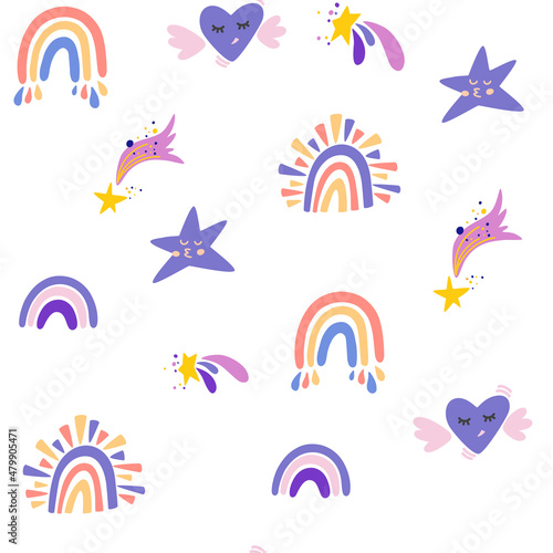 Rainbows clouds and stars seamless pattern. Cute cartoon Children background in the Scandinavian style. Perfect for kids, posters, prints, postcards, fabric. Vector cartoon Illustration